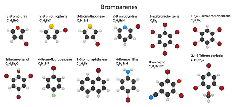 Bromarenes are aromatic compounds containing one or more bromine atoms attached to a benzene ring. They are used in pharmaceuticals, agrochemicals and materials science. White back. 3D illustration