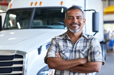 Portrait of a Hispanic middle-aged truck driver smiling and standing by his white semi-truck. 