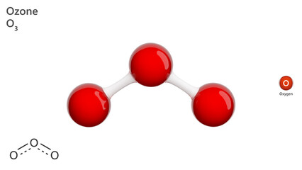 Molecule of Ozone (O3) is a gas used for disinfecting air and water, bleaching textiles, and ozonolysis. 3d illustration. White background.