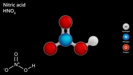 Molecule of Nitric acid (HNO3). It is a liquid with reddish brown vapors and a suffocating odor. Very toxic by inhalation. Nitric acid is used as a strong oxidizing agent. 3d illustration. Black back