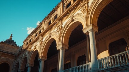 Low angle view of a grand, ornate building with columns and arches, bathed in warm afternoon light.