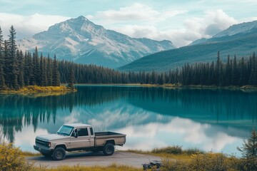 A minimalist image of a truck parked at a serene lake, with calm waters reflecting the surrounding mountains and forests, capturing the quiet beauty of nature