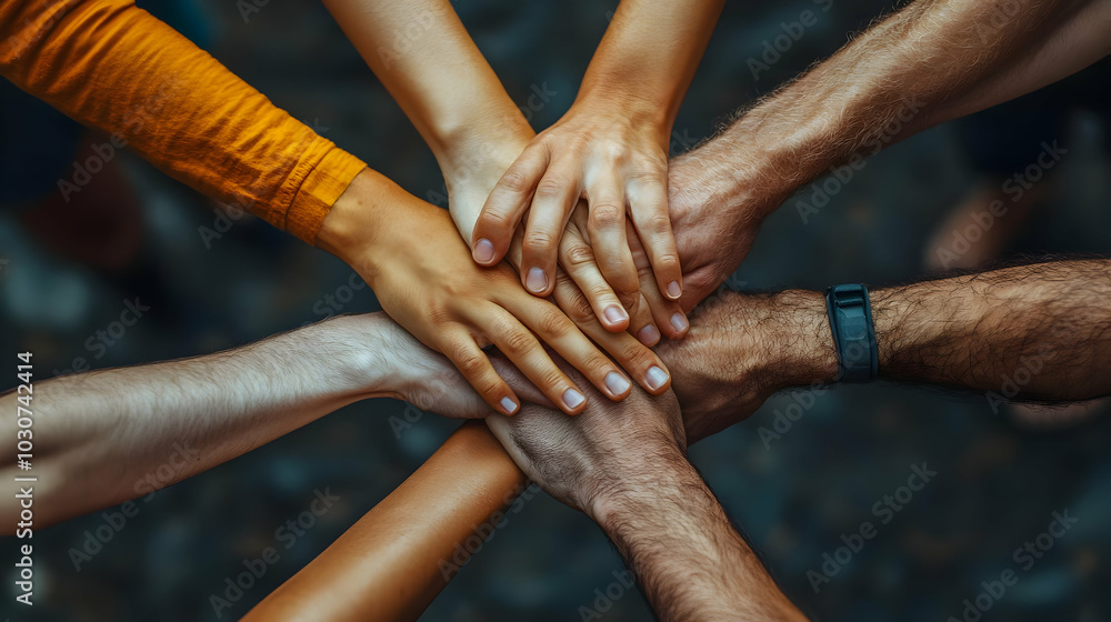 Poster a group of diverse hands stacked together in unity.