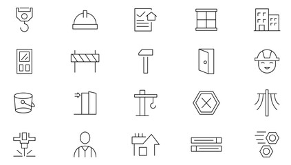 Construction line icon set. Repair, renovation, work tools, materials, big closet,brick wall, inclined clippers, chisel, house plan, design, success, boss line icon set. UI thin line icon pack.