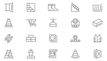 Construction line icon set. Repair, renovation, work tools, materials, big closet,brick wall, inclined clippers, chisel, house plan, design, success, boss line icon set. UI thin line icon pack.
