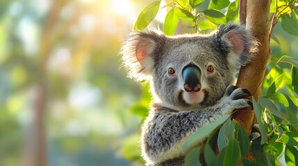 Fototapeta premium Adorable Koala Clinging Peacefully to Eucalyptus Tree Branch with Soft Sunlight Streaming Through the Lush Green Leaves in its Natural Australian Habitat