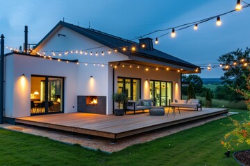 Fototapeta premium Modern Country House with Wooden Terrace, White Walls, Black Roof, Garden, Trees, Grass, String Lights, Outdoor Furniture, Fireplace, Summer Evening, Blue Sky