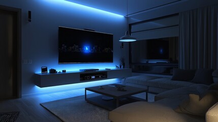 Modern living room with a TV playing in the evening with a blue mood light on the wall.