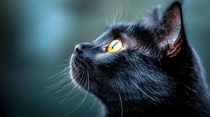 Obraz premium Captivating close up portrait of a black cat s piercing yellow eyes with the moon s reflection creating a mesmerizing and mysterious atmosphere in the night sky