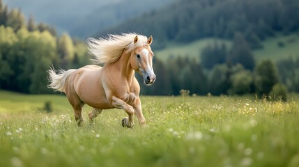 Magnificent horse galloping freely through a sunlit meadow its mane flowing gracefully in the gentle wind  This image captures the power energy and freedom of the equine spirit in a serene