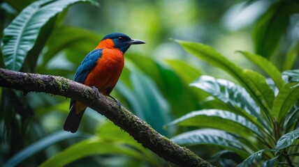 Naklejka premium A bird perched on a branch amidst the lush greenery of the jungle emphasizes biodiversity and ecology.