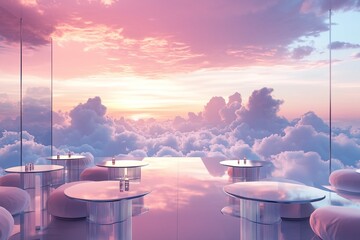 A modern sky cafe with minimalist glass tables and a stunning view of fluffy clouds at sunset, providing a peaceful and serene ambiance