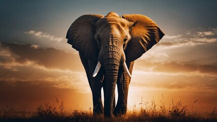 Obraz premium The silhouette of an elephant against a bright sunset in the savannah