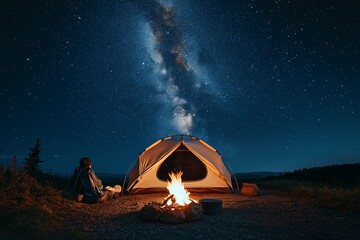 A peaceful scene of a traveler camping under a starlit sky, with a glowing campfire and minimalist tent set against the backdrop of a quiet wilderness