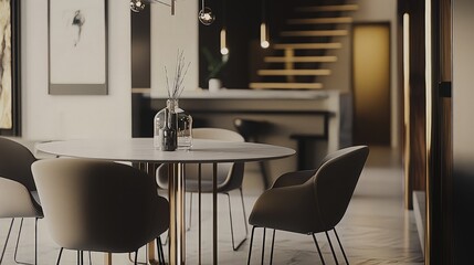 A modern dining room with a white round table and four beige chairs. The room has a wooden staircase, a white kitchen counter and a large window.