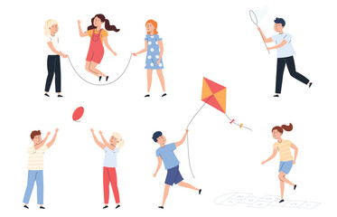 Different children boys and girls. Young people run, jump and play. Fun pastime. Vector illustration