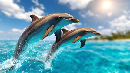 A group of dolphins joyfully leaping through the air as the vibrant sun sets over the serene ocean creating a stunning silhouette against the golden sky