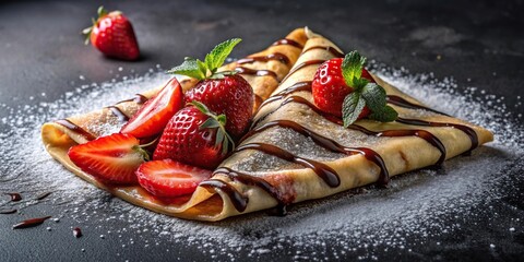 Indulgent crepe with chocolate syrup and strawberries on dark background reflected