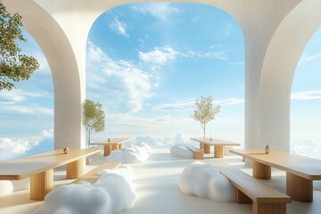 A peaceful sky cafe with minimalist wooden tables, cloud-like seating, and a tranquil atmosphere set in a clear blue sky with gentle winds