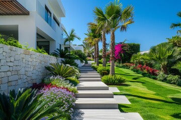 Fototapeta premium Modern Garden Design with Palm Trees, Green Grass, White Stone Walls, Small Steps to Entrance, Tropical Plants, Sunny Day, Blue Sky