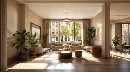 Fototapeta premium A spacious and bright living room with large windows, comfortable seating, and wooden floors.