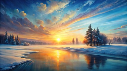 Forced perspective winter landscape painting with abstract sunrise