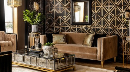 A modern living room interior with a brown sofa, a mirrored coffee table, gold accents and geometric wallpaper.