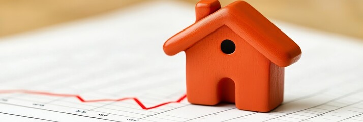 Red Toy House And Declining Graph Showing Real Estate Market Downturn, Recession, Or Housing Crisis