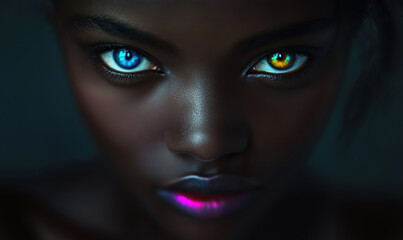 Young black woman in CMYK color, cyan blue and yellow eyes with magenta lips in the dark