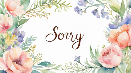 Watercolor decorative illustration, heartfelt apology message on a white card nestled among a beautiful flowers.