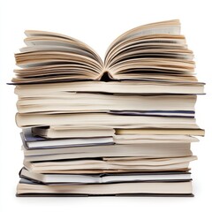 A stack of assorted books with one open on top, showcasing reading material.