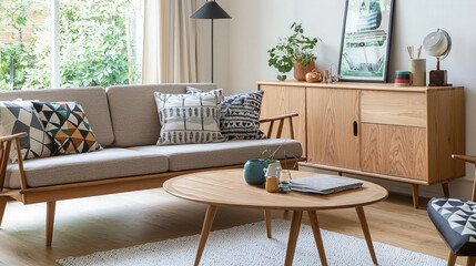 A modern living room with a sofa, coffee table, side table, and a window overlooking a garden.