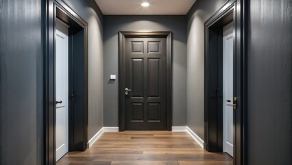 Interior shot of black front door in apartment hallway