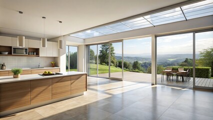 Fototapeta premium Interior studio with kitchen and terrace view