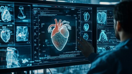 Advanced cardiac imaging technology displays 3D heart model on large screen, with doctor analyzing detailed scans for precise diagnosis and treatment planning.