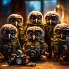 Fototapeta premium Group of brown owls with camera