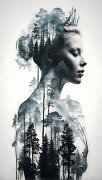 Silhouette of a Nordic queen filled with a forest