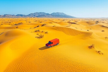 A traveling truck crossing a vast desert landscape, rolling over golden sand dunes with a clear blue sky stretching endlessly above