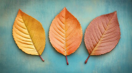 Three autumn leaves in shades of yellow, orange, and brown arranged on a turquoise background.