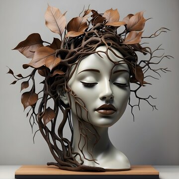 sculpture with a woman's silhouette, tears transformed into roots symbolizing the growth from sorrow