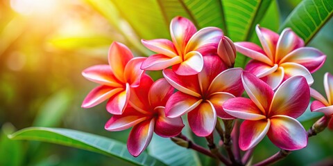 Fototapeta premium Frangipani flowers with red accents in full bloom at eye level