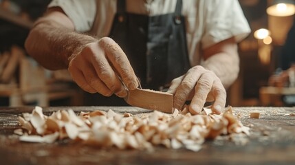 Woodworker Carving Wood in Workshop