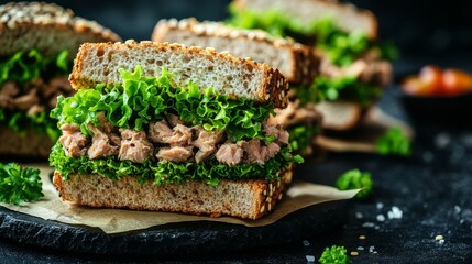 Un sándwich saludable de pan integral, relleno de atún, lechuga fresca y perejil, servido en un ambiente rústico oscuro.

