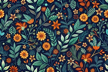Intricate vintage floral wallpaper with asymmetrical dark blue, orange, and green patterns on a dark background