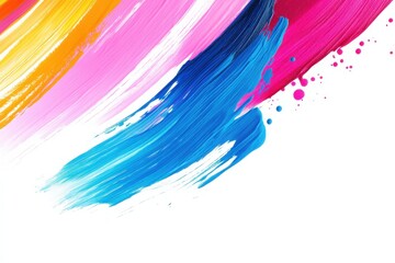 Vibrant brush strokes in shades of pink, blue, and yellow contrast sharply against a clean white canvas, showcasing an expressive and energetic style that captures attention.