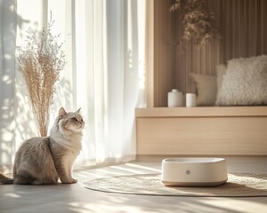 Fototapeta na wymiar A serene indoor scene featuring a cat beside a modern pet feeder, with soft natural light and minimalistic decor.