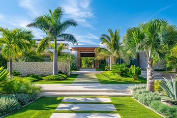 Fototapeta premium Modern Garden Design with Palm Trees, Greenery, Stone Wall, Grass Path, White Steps to Open Door, Tropical Vegetation, Sunny Day