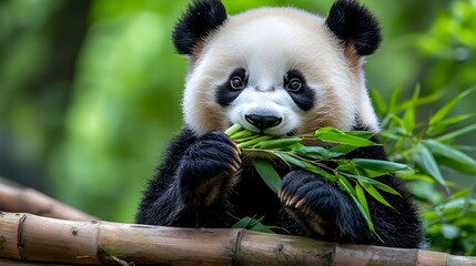 Fototapeta premium A tranquil scene of a panda bear sitting calmly in a lush bamboo forest peacefully munching on fresh bamboo shoots amidst the serene natural environment
