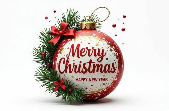 Christmas Ball Build Of Vairous Christmas Decoration And Ornaments. English Text Merry Christmas And A Happy New Year. Fir Branch With Riboon And Bow. White Isolated Background--ar 3:2