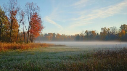 A misty autumn morning with a view of a field, a few trees with red leaves, and a forest in the background.